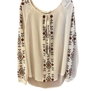 Blu Pepper Embroidered Aztec Top, Size XL, Beige, Long Sleeves, Sheer & …
